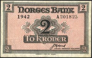 2 kroner London 1942, serie A 201825. Pen, men med mange bretter. 1-