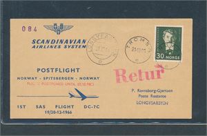 LUFTPOST 1st SAS Flight DC 7C 19/20-12-1966. Første tur til Spitsbergen, stemplet "TROMSØ 21-12-66" + rødt "FLIGHT POSTPONED UNTIL 22.12.1966"