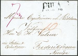 Komplett brev, datert "Riga 20 April 1848" og sendt til Frederiksværn. Stemplet "Riga 1848" på forsiden, og baksiden med to ulike stempler fra "Hamburg". Påskrevet "via Stettin & Copenhagen" i nedre venstre hjørne.