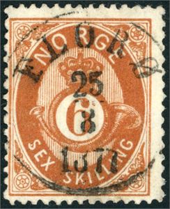 20. 6 skilling Posthorn, rettvendt fullstemplet "Florø 25.8.1877".