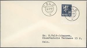 355. 30 øre grå Løve på konvolutt, stemplet "Oslo 13.7.49". (17.000,-).