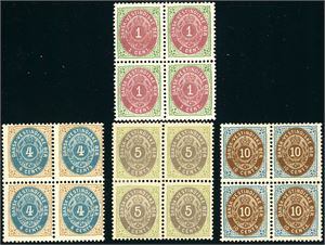 5 By-11 B. DWI. The 1 c, 4 c, 5 c and 10 c in blocks of four. From plates 10, 3, 7 and 8 respectively.