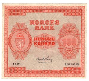 100 kroner 1949 B.8115758. Kv.1+