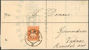 51 I. 3 øre 20 mm på trykksak, pent stemplet "Arendal 28.1.87".
