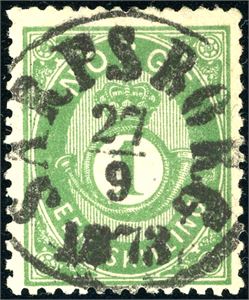 16 IIa. 1 skilling Posthorn, rettvendt fullstemplet "Sarpsborg 27.9.1873".