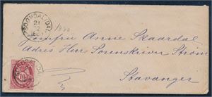 NK 25 på pent brev st "Sogndal i Dal 21-12-1881" til Stavanger