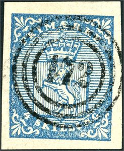 1. 4 skilling våpen 1855, anert med nummerstempel "172" (Laurvig, VF). Gode marger.