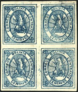 6. Bolivia. 50 centavos blue in 1868 a block of four. Signed Buhler. (E 2000+).