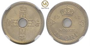 25 øre 1942 Haakon VII. London utg. Gradert til MS65 hos NGC. Kv.0