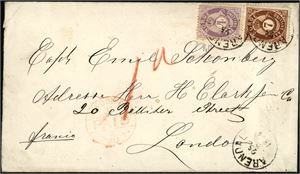 19,21. 11 skillings porto til England. 4 skilling- og 7 skilling posthorn på konvolutt til London, stemplet "Arendal 25.3.1874". 4 skillingen med rundt hjørne. (2.000,-).