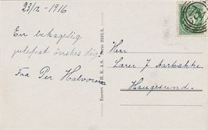 IV-751 - FJELDSTAD (HE / 6) på morsomt julekort datert 23/12-1916, sendt til Haugesund.