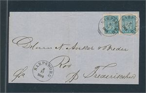 Nk 8 IIa x 2 på dobbeltvektig brev stemplet "SARPSBORG 8-12-1864" til Frederikshald