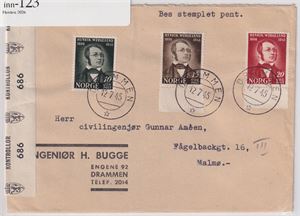 NK 339 - 341, Logobrev Ingeniør Bugge Drammen, st. Drammen 12-7-45, sendt til Malmø.  Kontrollør 686