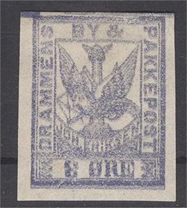 Drammen Byp. III 05 P1 3 øre prøvetrykk, blå på rosa-hvitt papir. Ubetydelig tynn flekk. Attest NF:  "Ekte"