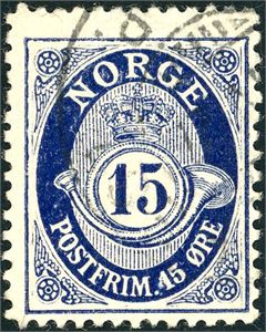 121 v1. 15 øre Posthorn variant "45 øre". Lettstemplet merke med tydelig variant.