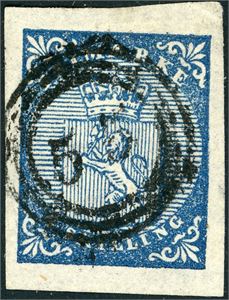 1. 4 skilling våpen 1855, anert med nummerstempel "55" (Eidsberg, ØF, 7 pkt). Meget gode- til gode marger. Attest FCM.