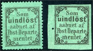 R 2 x,2 x vt1. To stk "Som uindløst", begge i mørk grønn farge, den ene vanlig og den andre er variant "Utagget". Førstnevnte er uten lim, og et par litt flate tagger nede, sistnevnte med et lite hull i margen.