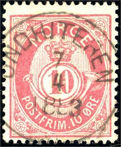 37 II. 10 øre Posthorn 1883, rettvendt fullstemplet "Indhiteren 7.4.1883".