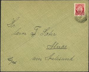 100. 10 øre Posthorn på konvolutt, annullert med 4-rings "506" (Tautra, Akerø, MØ). Brevinnholdet er datert "Tautra i Romsdalen tyssdag 6-2-1912".
