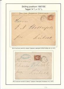Nk 20 og 21. 2 brev stemplet "CHRISTIANIA 1874/1875" til Lübeck
