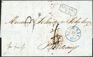 Komplett brev, stemplet "Arendal 25.5.1855" i blått og sendt til Bordeaux. Forsiden har i tillegg stempelet "Dänemark R.2." samt pototallene "6" og "9" der det førstnevnte er overstrøket. Baksiden med to Hamburg-stempler samt "Paris Bordeaux" og ankomststempel.