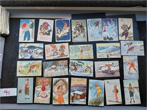 POSTKORT bunke 9 cm jule- og gratulasjonskort, alle småformat. Mange signerte, mange ubrukte og strøkne. Vekt 0,8 kilo