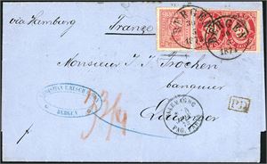 15,18. 14 skillings porto til Frankrike. 8 skill 8 og to 3 skilling Posthorn på brevomslag til Quimper, stemplet ""Bergen 30.5.1873". Ved siden fransk transittstempel. Baksiden med "Chr-Sand-fr-Havn", "Vamdrup Hamburg" samt franske transitt- og ankomststempler.