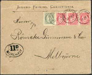 43,52 I. 35 øres porto til Australia. Tre 10 øre 21 mm og en 5 øre 20 mm på konvolutt til Melbourne, stemplet "Christiania 7.3.88". Ved siden stemplet "T" og "More To Pay 11d" ved ankomst (da brevet har vært underfrankert med 25 øre). Ankomststemplet "Melbourne Ap 16 88" på baksiden. Brevet er pent ustillingsmontert på ark.