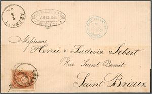 20. 6 skilling Posthorn på brevomslag til St. Brieux, stemplet "Arendal 2.5.1876". Fransk transittstempel på forsiden og ankomststempel på baksiden.