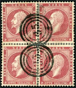 5. 8 skilling Oscar i 4-blokk, anert med trerings "35" (Brevig, TE). Blokken er noe splittet og hengselforsterket.