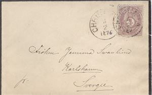 NK 19 4 skill ph. på ett lite sørgebrev til Sverige st. Christiania 4/2-1876.   6-tallet påført med blekk