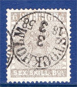 F3e 6 skill bco brunaktigt grå stämplad Stockholm 3.3.1858 Intyg Svensson "äkta, oreparerad, kt, tu.fl",