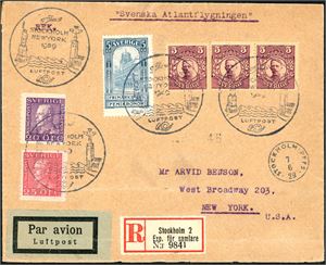 6 Swedish stamps including 5 kr Posthus on envelope to New York, cancelled "Stockholm New York 1929 Luftpost" and "Stockholm 7.6.1929" at side. The "New York" postmarks at reverse.