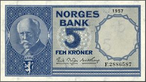 5 kroner 1957, serie F.2886587. 01