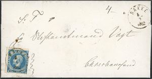 4. 4 skilling Oscar på brevomslag, fullstemplet "Bakke 5.4.1862" (VA, 7 pkt).
