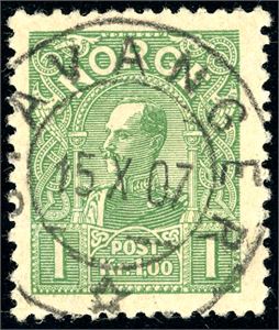 89. 1 kr Haakon 1907, rettvendt fullstemplet "Stavanger 15.10.07.