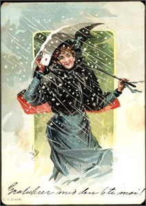 Dame i snøvær. Kartongkort brukt på Røros i 1898. K-1