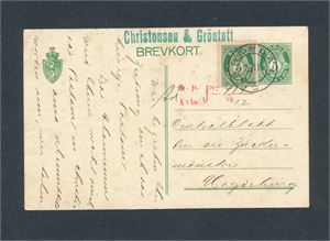 Brevkort 66 oppfrankert med Nk 99 stemplet "ARENDAL 1912" til Magdeburg, Tyskland. Firmastempel "CHRISTENSEN & GRÖNTOFT"