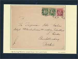 Nk 76 x2 og 77 II på brev stemplet "BERGEN 2 XI 03" til Berlin, Tyskland. Oppgitt: 1 kjent.