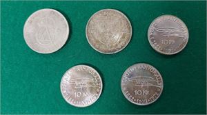 SVERIGE lot fem jubileumsmynt i silver