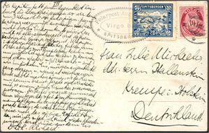 100,Spitsbergen E 11. 10 øre Posthorn på postkort til Tyskland, stemplet "Narvik 21.8.13", og ved siden påsatt en 20 øre Spitsbergen-etikett som er stemplet med ovalt "Polarpost August Spitsbergen, Virgo Bay".