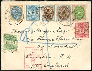 7--22. DWI. 42 cents postage to U.S.A. Seven stamps including the 12 cent on registered envelope to London, cancelled "St. Thomas 8.3.1904".  Arrival postmark "London 24 Mr 04" at reverse.