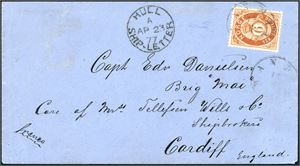 20. 6 skillings porto til England. 6 skilling Posthorn på konvolutt til Cardiff, stemplet "Mandal" og ved siden "Hull Ship-Letter Ap 23 77". Del av ankomststempel på baksiden. Konvoluttens klaff mangler.