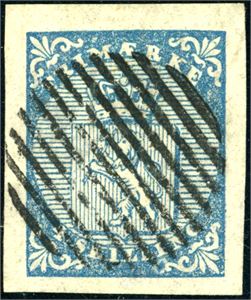1. 4 skilling Våpen 1855, annullert med et vellplassert 12-streks riststempel. Gode marger.