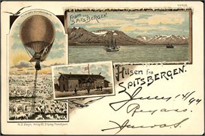 Hilsen fra Spitsbergen-kort, frankert med 10 øre posthorn, stemplet "Tromsø" og ved siden "S.S.Auguste Victoria Spitzbergen 11.Juli 99.". Sendt til USA.
