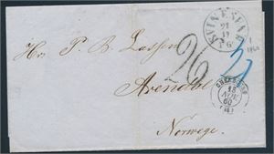 BREV sent fra Frankrike til Arendal. Transittst "Svinesund 21-11-1860". Diverse påtegninger. Pent