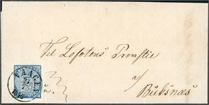 1. 4 skilling våpen 1855 på brevomslag, stemplet "Vaagen 25.7.1856". Merket med gode marger.