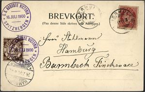 77,Spitsbergen 1. 10 øre posthorn på postkort, stemplet "Digermulen 19.7.00" og ved siden påsatt et 10 øre Spitsbergen-merke, stemplet "S.S. Auguste Victoria Spitzbergen 16. Juli 1900" i lilla. Ankomststemplet i Hamburg.