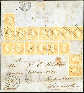 DWI. Sixteen 10 c Napoleon 1870 on cover, sent by French Packet Mail to Copenhagen, Denmark (8 on the front and 8 on reverse), cancelled with "Ancer" and dots and "St Thomas 23.7.1868" at side. One stamps has been removed, but maybe already on St. Thomas. "Ligve-B. Paq Fr no 3 24 Jull 68" at reverse. Three stamps with som perferation faults.
