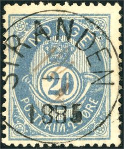 40 IIa. 20 øre blå, rettevndt fullstemplet "Stranden 1885", der datoen 12/2" er skrevet med blekk.